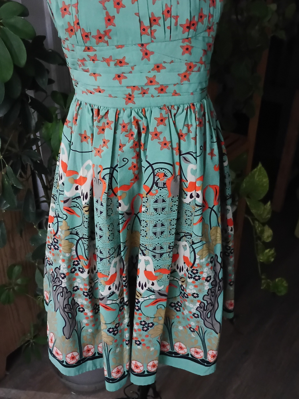 Angie Aqua Strapless Floral Fit-and-Flare Dress with Orange Accents